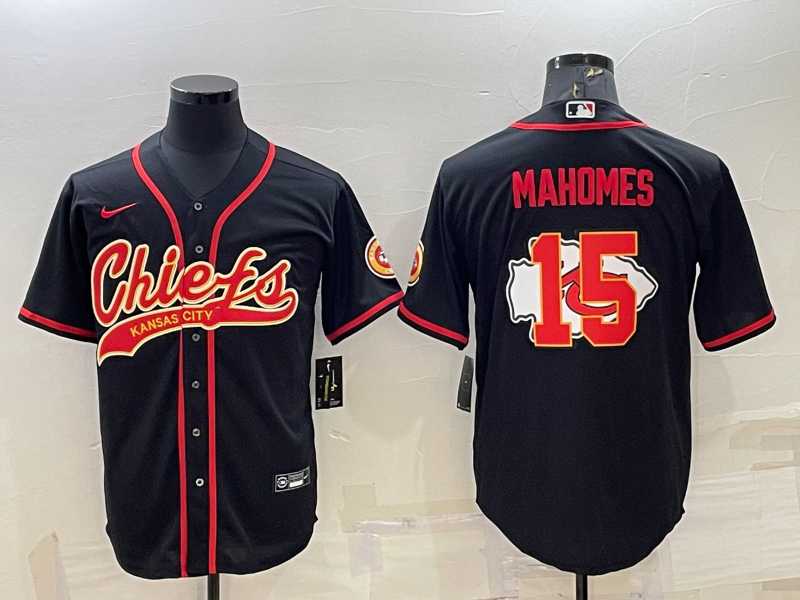 Mens Kansas City Chiefs #15 Patrick Mahomes Black Team Big Logo With Patch Cool Base Stitched Baseball Jersey